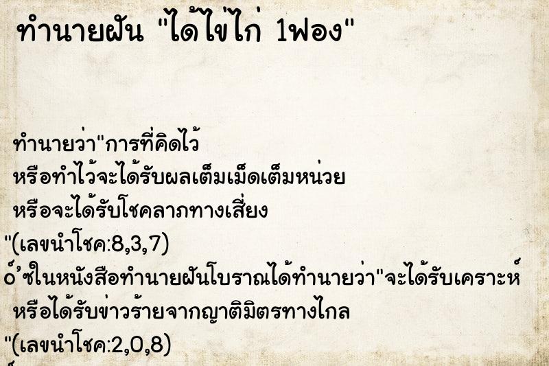 ทำนายฝัน ได้ไข่ไก่ 1ฟอง ทำนายฝัน ได้ไข่ไก่ 1ฟอง